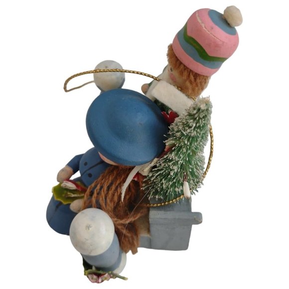 Vintage Handpainted Wooden Christmas Ornament Children Sitting On Steps - Picture 7 of 8